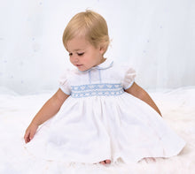 Load image into Gallery viewer, Sarah Louise Smocked Dress White Blue