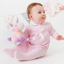 Load image into Gallery viewer, Dandelion Heart & Bow Smocked Cotton Sleepsuit
