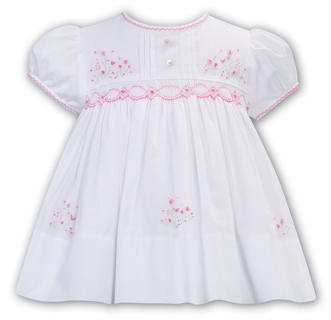 Sarah Louise Smocked Baby Dress White/Pink