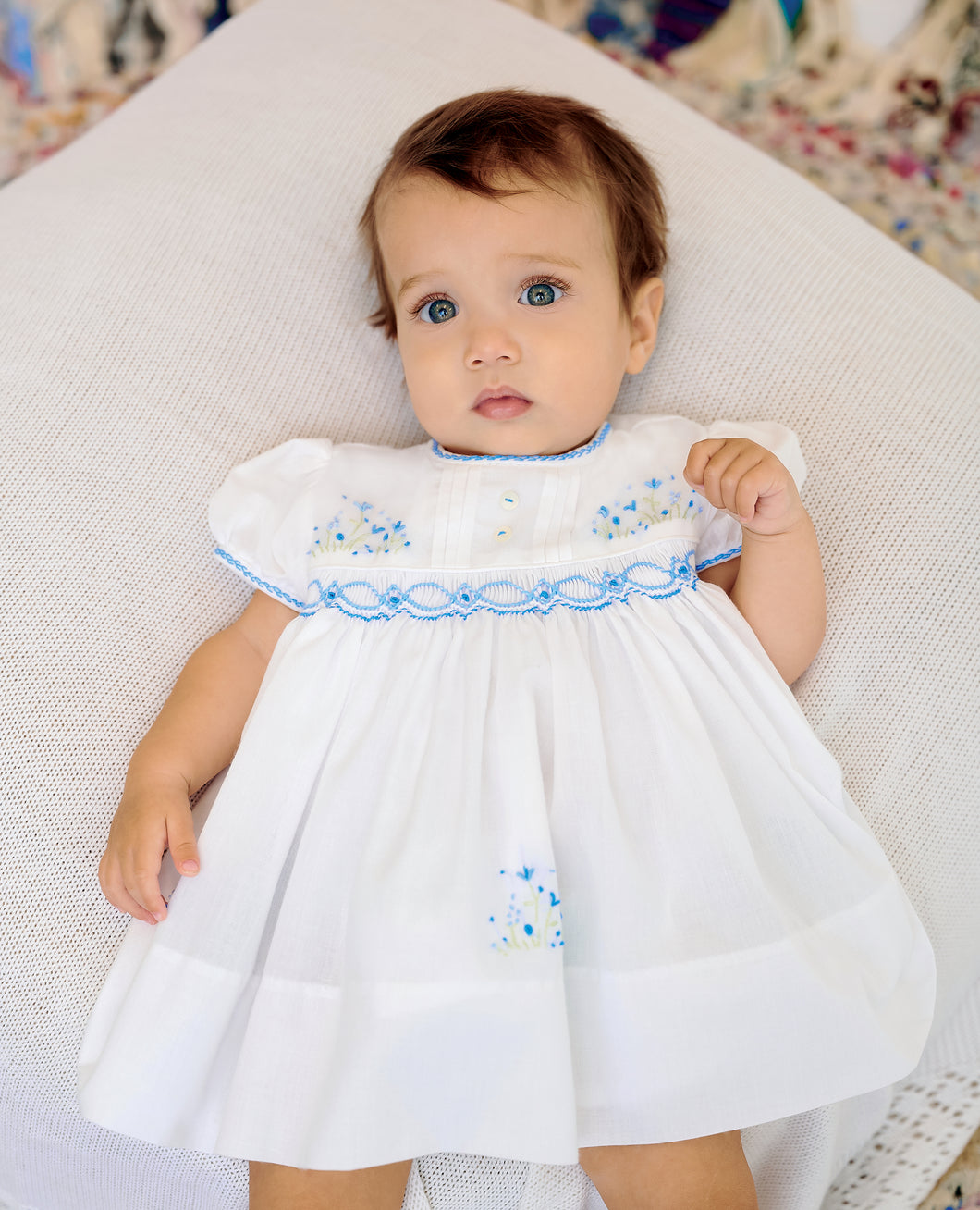Sarah Louise Smocked Baby Dress White/Blue