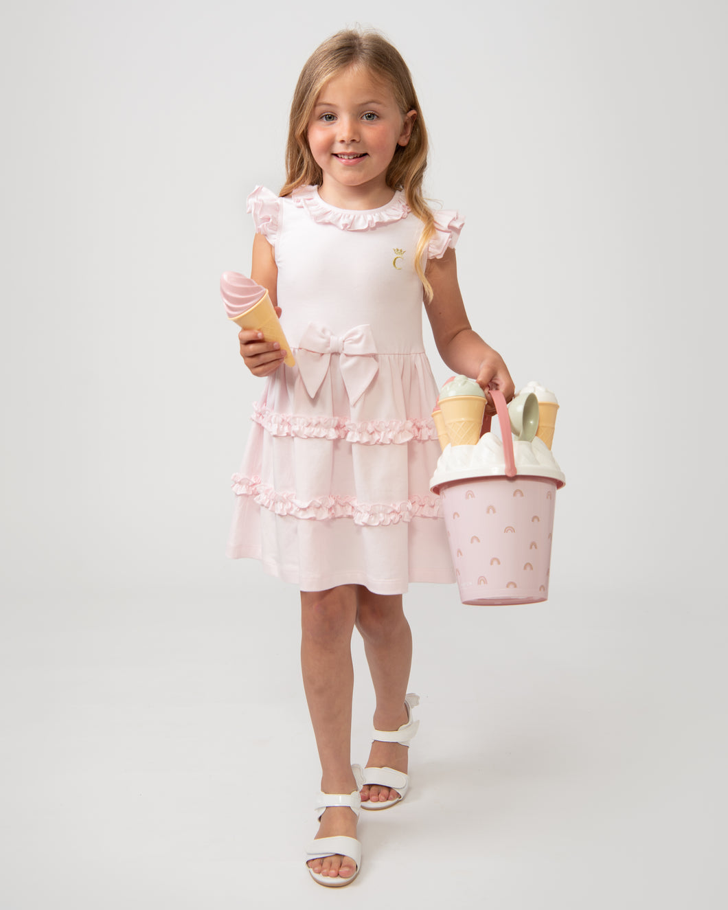Caramelo Kids Girl's Tiered Frill Dress with Bow Pink
