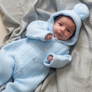 Dandelion Knitted Pramsuit with Hood Blue