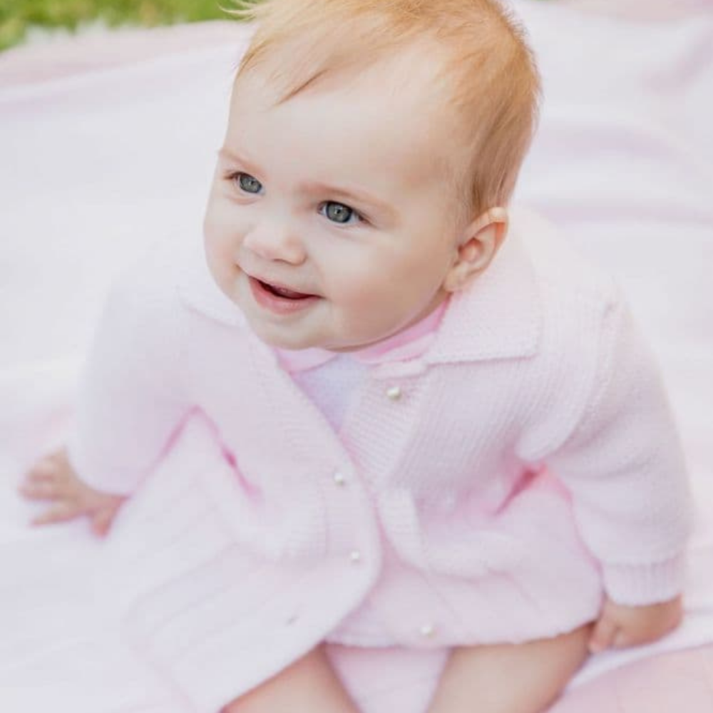 Dandelion Knitted Baby Coat with Pearl Buttons Pink