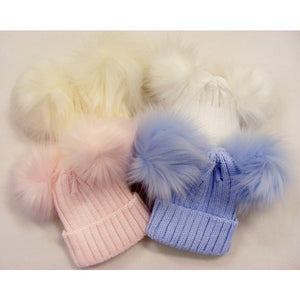 Ribbed Hat with Two Faux Fur Pom Poms Blue